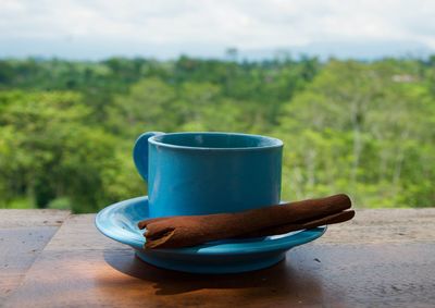 Close-up of blue coffee cup and cinnamon stick in saucer