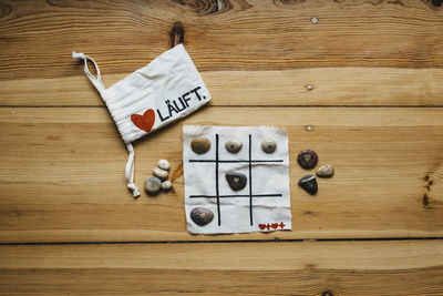 Directly above shot of stones on textile on table