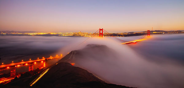 Aerial view of golden gate bridge during sunset