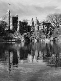 Reflection of bell tower in water