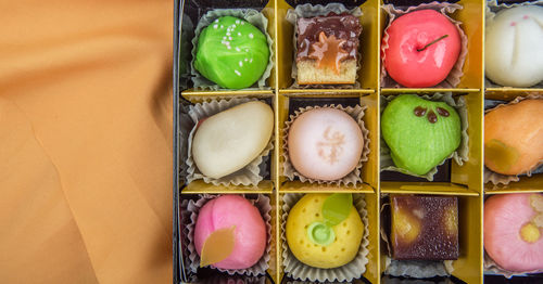 Directly above shot of wagashi in box