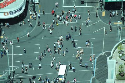 High angle view of people on city street