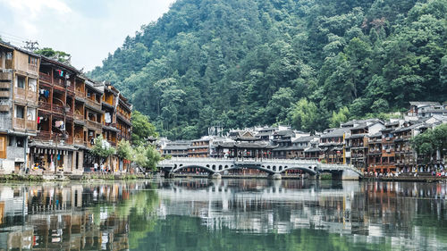 Reflection of buildings in lake