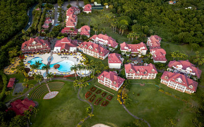 High angle view of houses on field