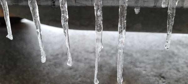 Close-up of icicles hanging on metal during winter