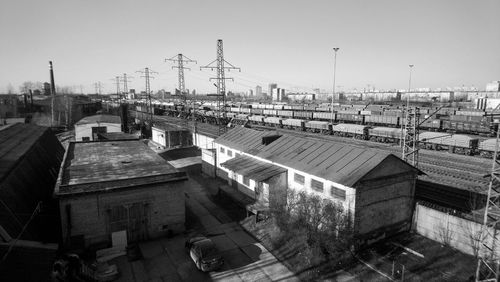 High angle view of buildings against clear sky