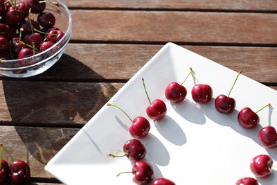 High angle view of cherries in plate on table