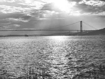 View of suspension bridge over sea