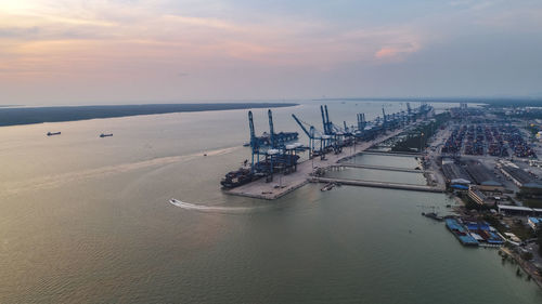 High angle view of sea against sky during sunset