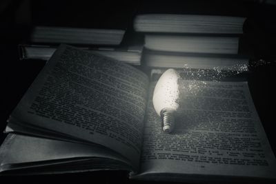 High angle view of text on book