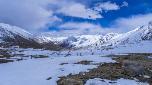 Snow covered mountains against sky