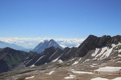 Scenic view of mountains against blue sky