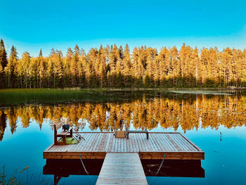 Pier over lake in forest against clear blue sky