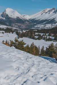 Scenic view of snowcapped mountains against sky