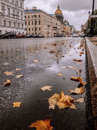 Wet street amidst buildings in city during rainy season