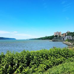 Scenic view of sea against blue sky