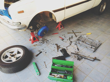High angle view of stuffed toy on tiled floor