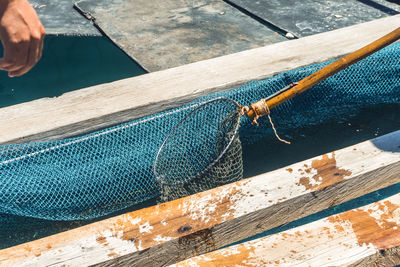 High angle view of man working on wood