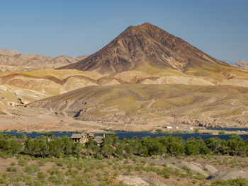 Scenic view of desert against clear blue sky