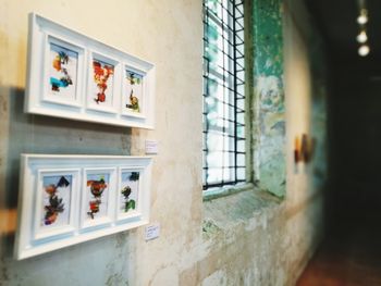 Close-up of glass window on wall