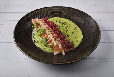 High angle view of food in bowl on table