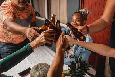 Cheerful multiethnic friends clinking raised bottles of beer while resting in picnic