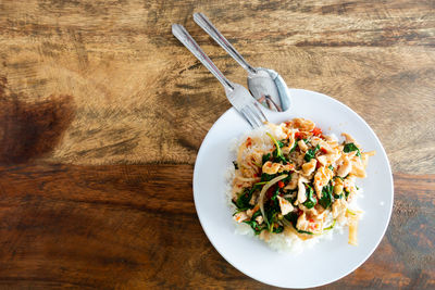 High angle view of meal served on table