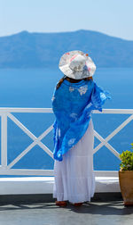 Rear view of woman standing by railing against blue sky