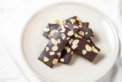 High angle view of chocolate cake in plate