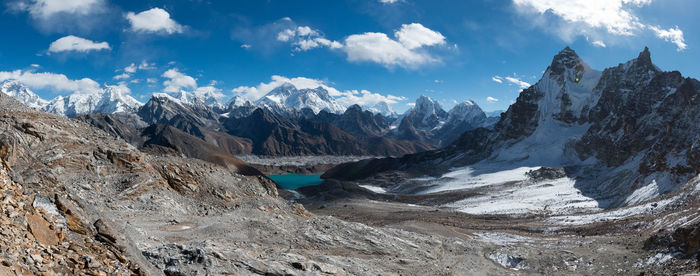 Panoramic view of snowcapped mountains against sky