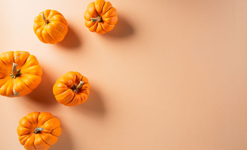 Directly above shot of pumpkins on orange background