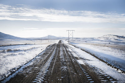 Scenic view of snow covered land against sky