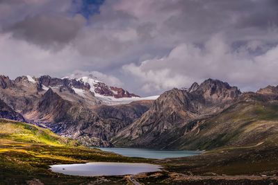 Scenic view of lake against cloudy sky