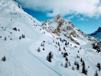 Scenic view of snow covered mountains against sky