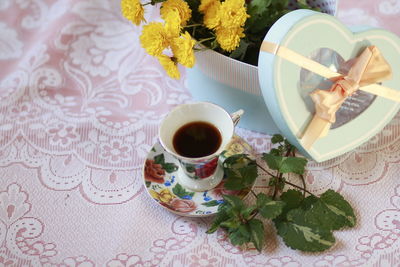 High angle view of coffee on table