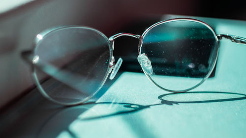 Close-up of eyeglasses on table