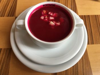 High angle view of tea cup on table