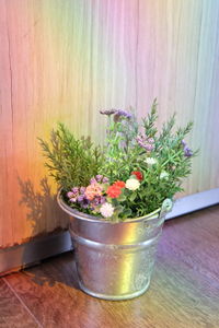 Close-up of potted plant on table against wall