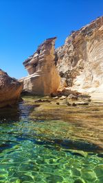 Rock formations in water against clear blue sky