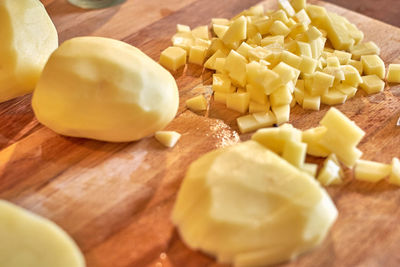 High angle view of chopped vegetables on cutting board