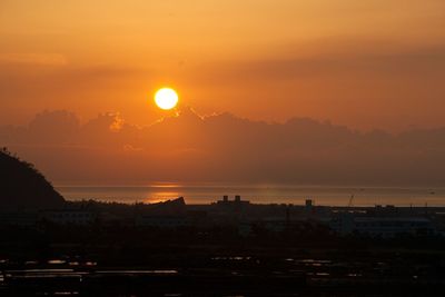 Industry by sea against sky during sunset