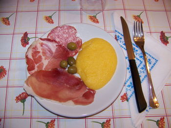 High angle view of breakfast served on table