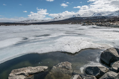 Scenic view of lake against sky during winter