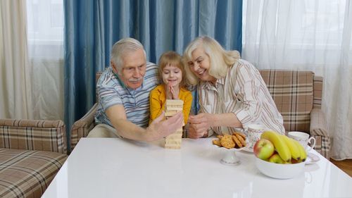 Portrait of siblings sitting at home