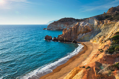 Agios ioannis beach on sunset. milos island, greece