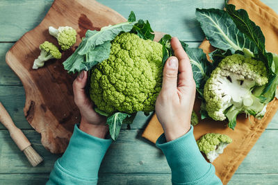 High angle view of hand holding vegetables