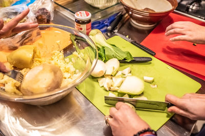 High angle view of people preparing food