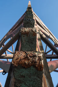 Close-up of wood against clear blue sky