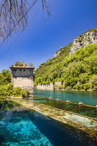 Scenic view of river against clear blue sky