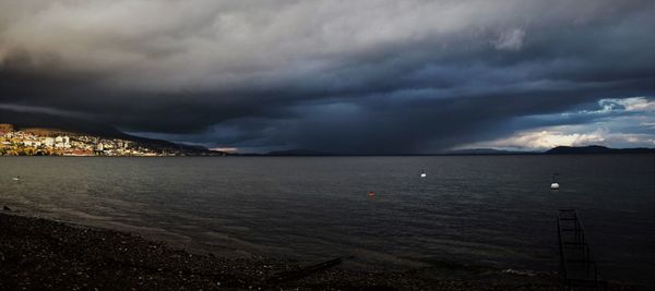 Scenic view of sea against dramatic sky